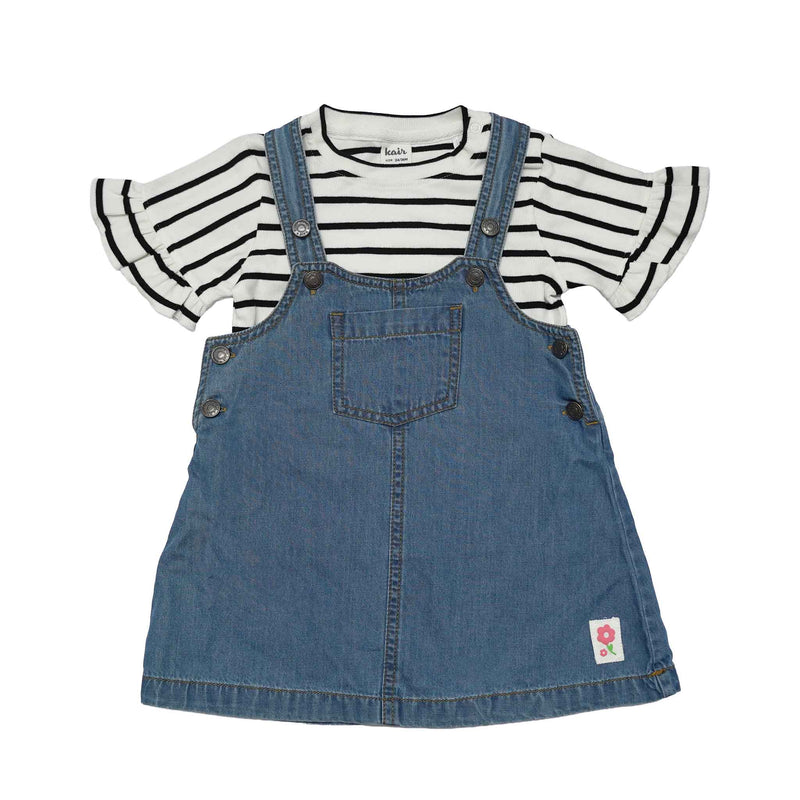 Baby Girls Denim Pinafore Dress With Inner Striped T-Shirt (2pcs Set)