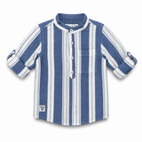 Baby Boys Blue Stripes Grandad Collar Roll-up Sleeve Shirt