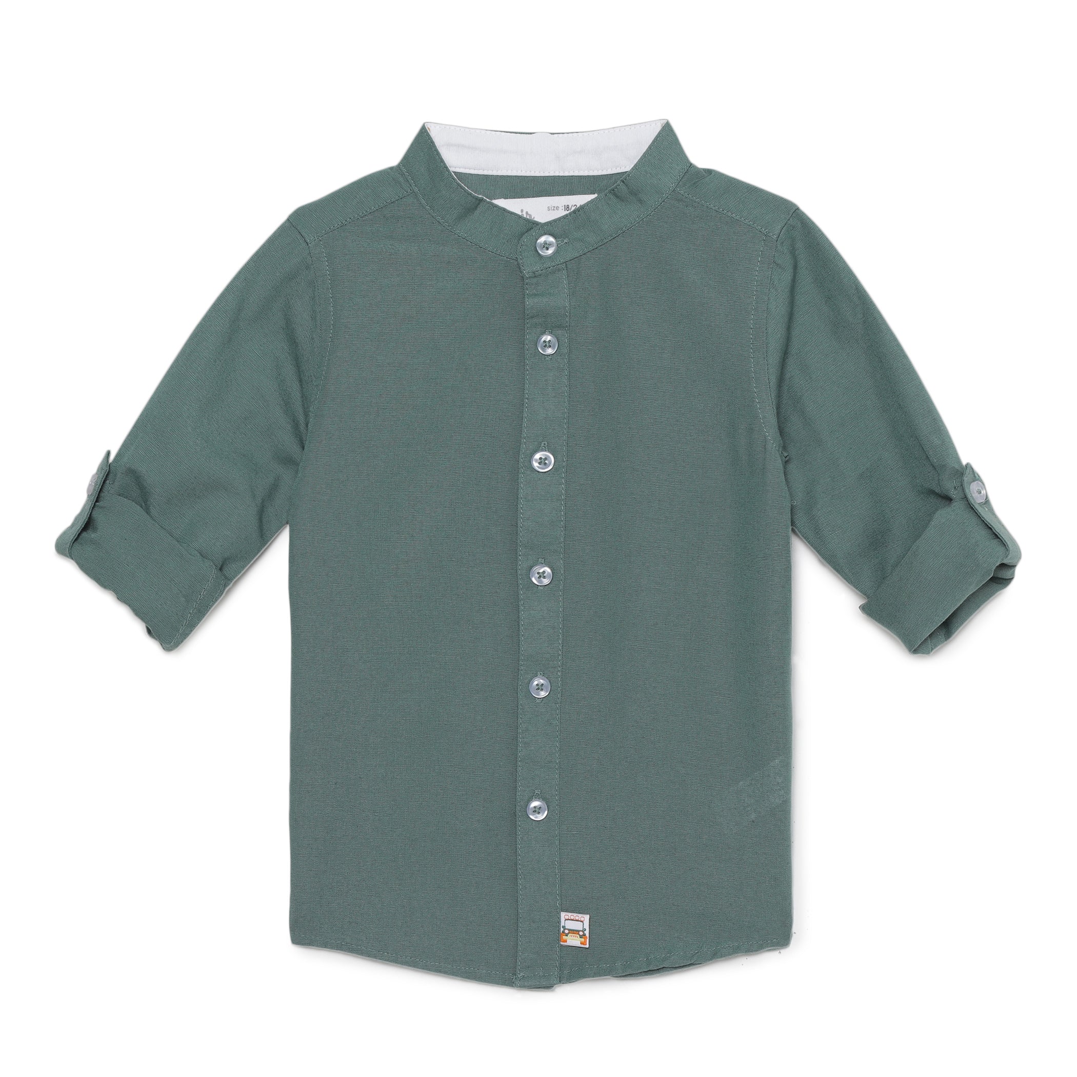 Baby Boys Grandad Collar Neck Roll Up Sleeve Green Shirt