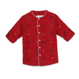 Kids Boys Grandad Collar Neck Roll Up Sleeve Red Printed Shirt