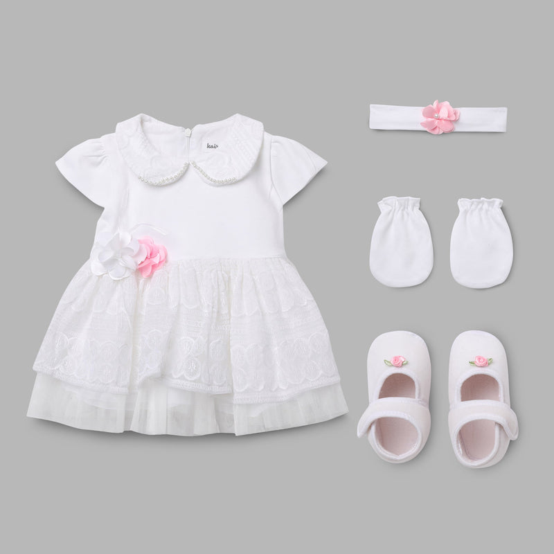 Baby Girls White Party Wear Set-4pcs Gift Set