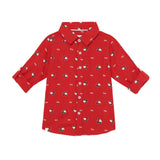 Baby Boys Grandad Collar Neck Roll Up Sleeve Red Printed Shirt