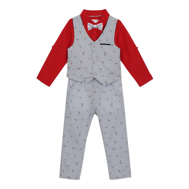 Baby Boys Collar Neck Roll Up Sleeve Shirt with Bow Tie, Waist Coat And Pant Set(4pcs pack)