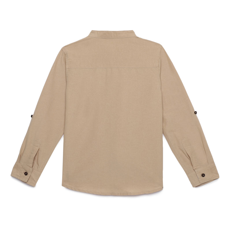 Kid Boys Grandad Collar Neck Roll Up Sleeve Cotlin Shirt