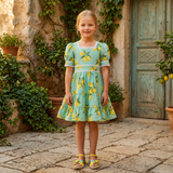 Kids Girls Square Neck Puff Sleeve Green Dress