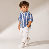 Baby Boys Blue Stripes Grandad Collar Roll-up Sleeve Shirt