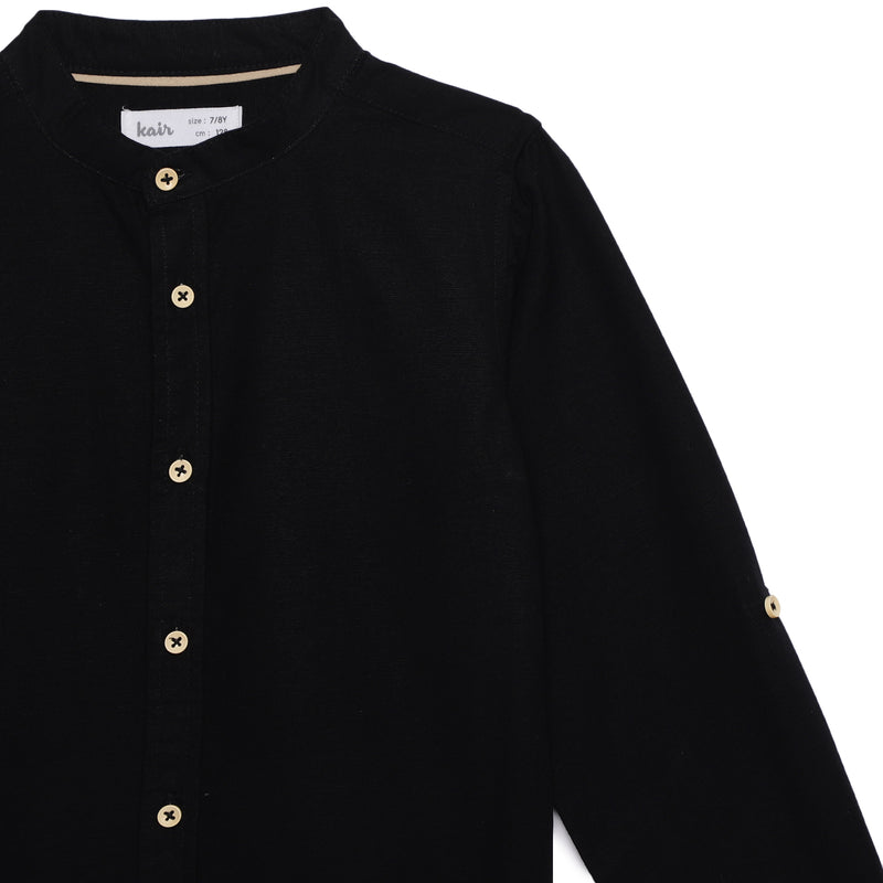 Kid Boys Grandad Collar Neck Roll Up Sleeve Cotlin Shirt