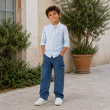 Kids Boys Blue Striped Grandad Collar Full Sleeve Shirt
