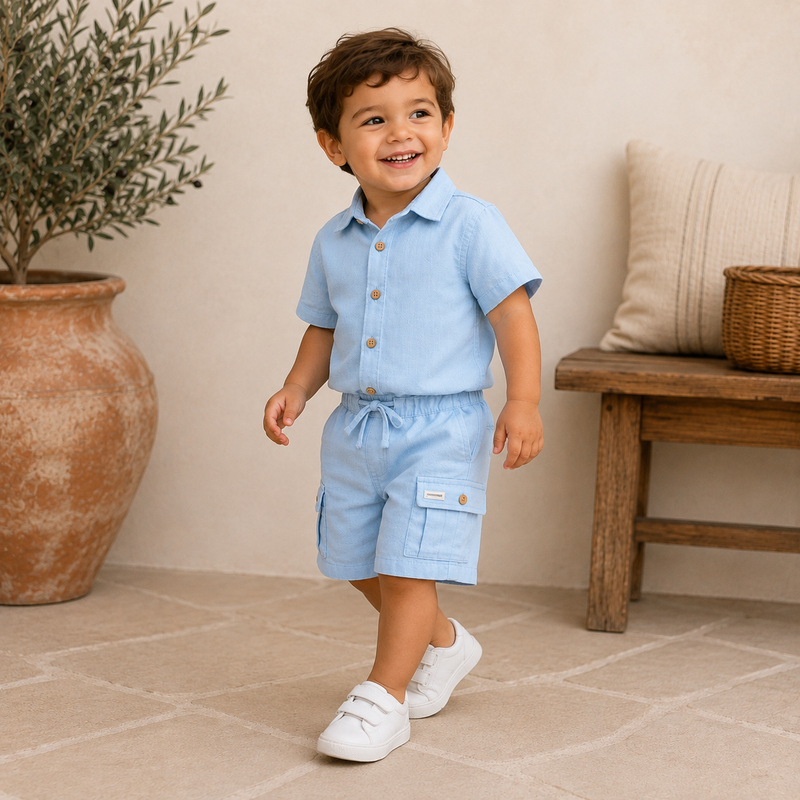 Baby Boys Blue Shirt With Cargo Shorts(2pcs set)