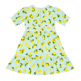 Kids Girls Square Neck Puff Sleeve Green Dress