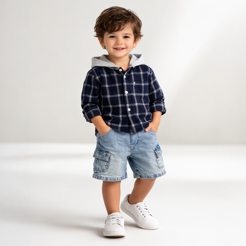 Baby Boys Hooded Rollup Sleeve Shirt