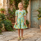 Kids Girls Square Neck Puff Sleeve Green Dress