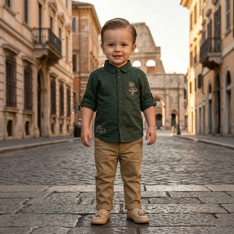Baby Boys Olive Green Embroided Shirt