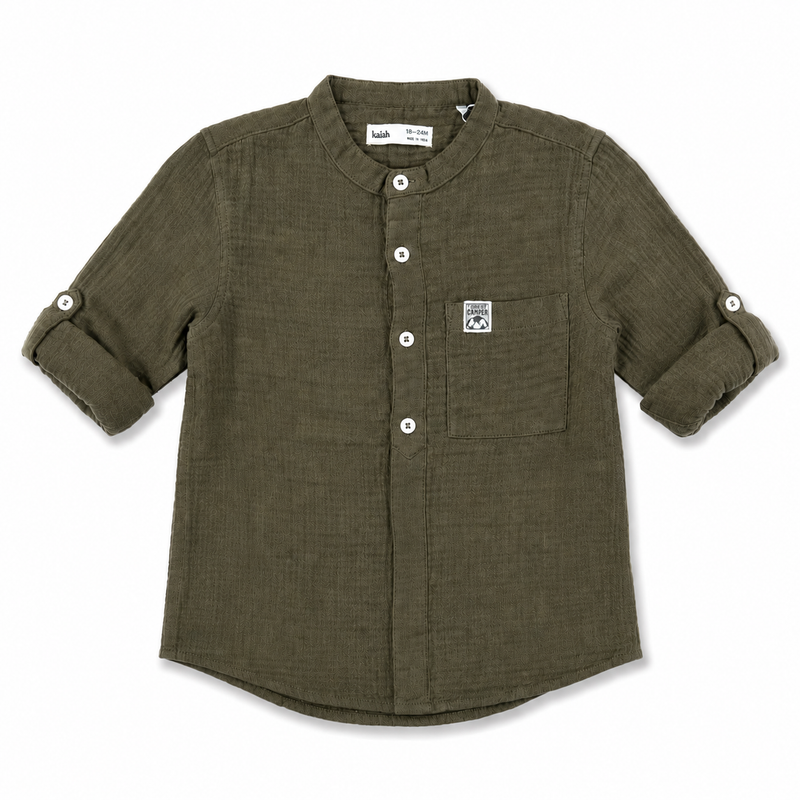 An olive green short-sleeve button-up shirt with a mandarin collar, laid flat on a white background. The shirt features a chest pocket with a small square logo patch, white buttons, and rolled-up sleeves with button tabs.