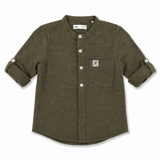 An olive green short-sleeve button-up shirt with a mandarin collar, laid flat on a white background. The shirt features a chest pocket with a small square logo patch, white buttons, and rolled-up sleeves with button tabs.