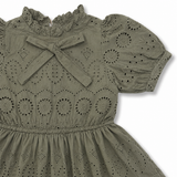 Kid Girls Olive Eyelet Embroidered Puff Sleeve Dress