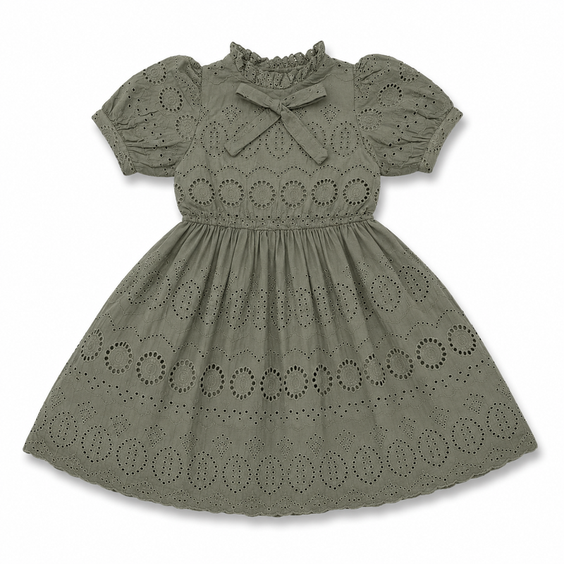 Kid Girls Olive Eyelet Embroidered Puff Sleeve Dress