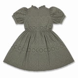 Kid Girls Olive Eyelet Embroidered Puff Sleeve Dress