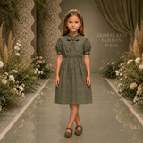 Kid Girls Olive Eyelet Embroidered Puff Sleeve Dress