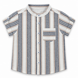 Boys Multicolor Striped Grandad Collar Half Sleeve Shirt
