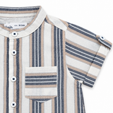 Boys Multicolor Striped Grandad Collar Half Sleeve Shirt