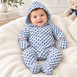 Babies Blue Geometric Print Hooded Sleepsuit With Mittens