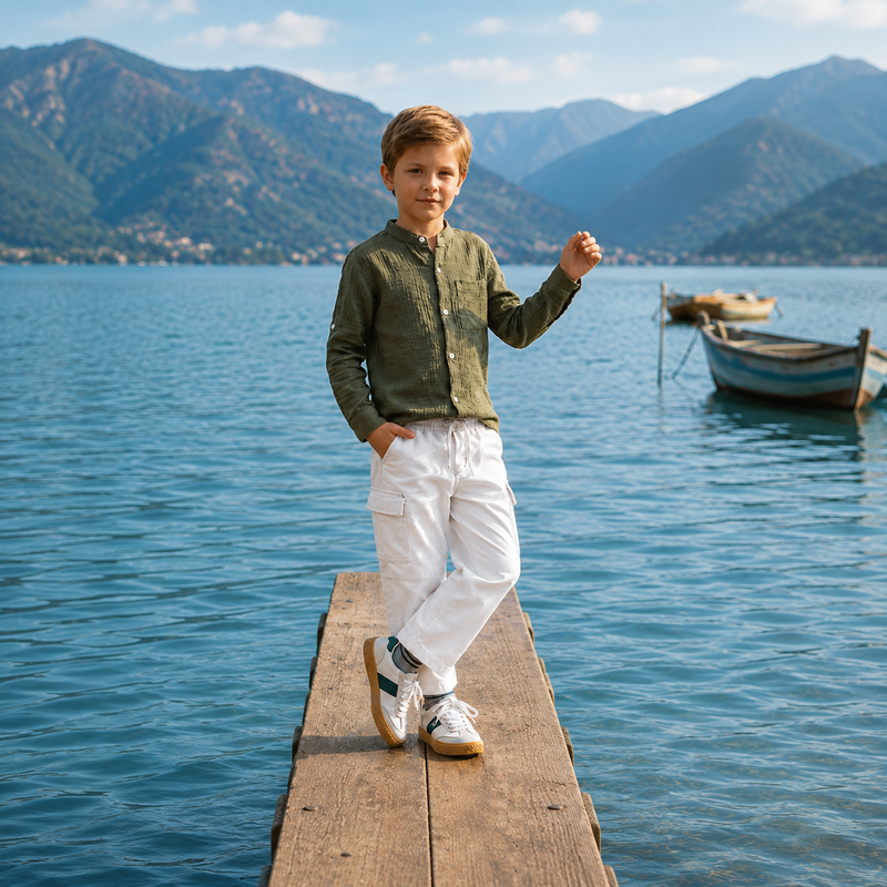 Kids Boys Olive Grandad Collar Roll Up Sleeve Shirt