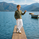 Kids Boys Olive Grandad Collar Roll Up Sleeve Shirt