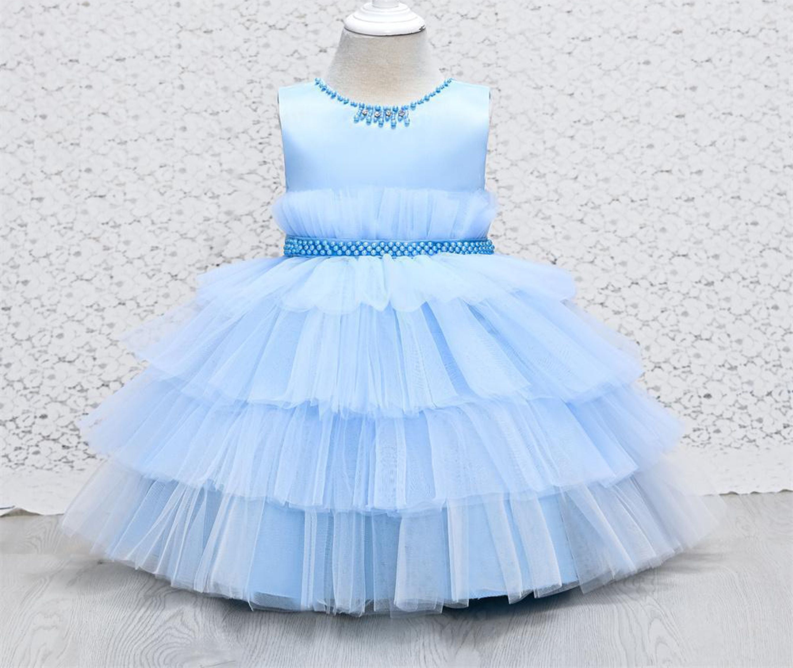 Lace Applique Beaded Flower Girl Dress With Back Bow-Knot