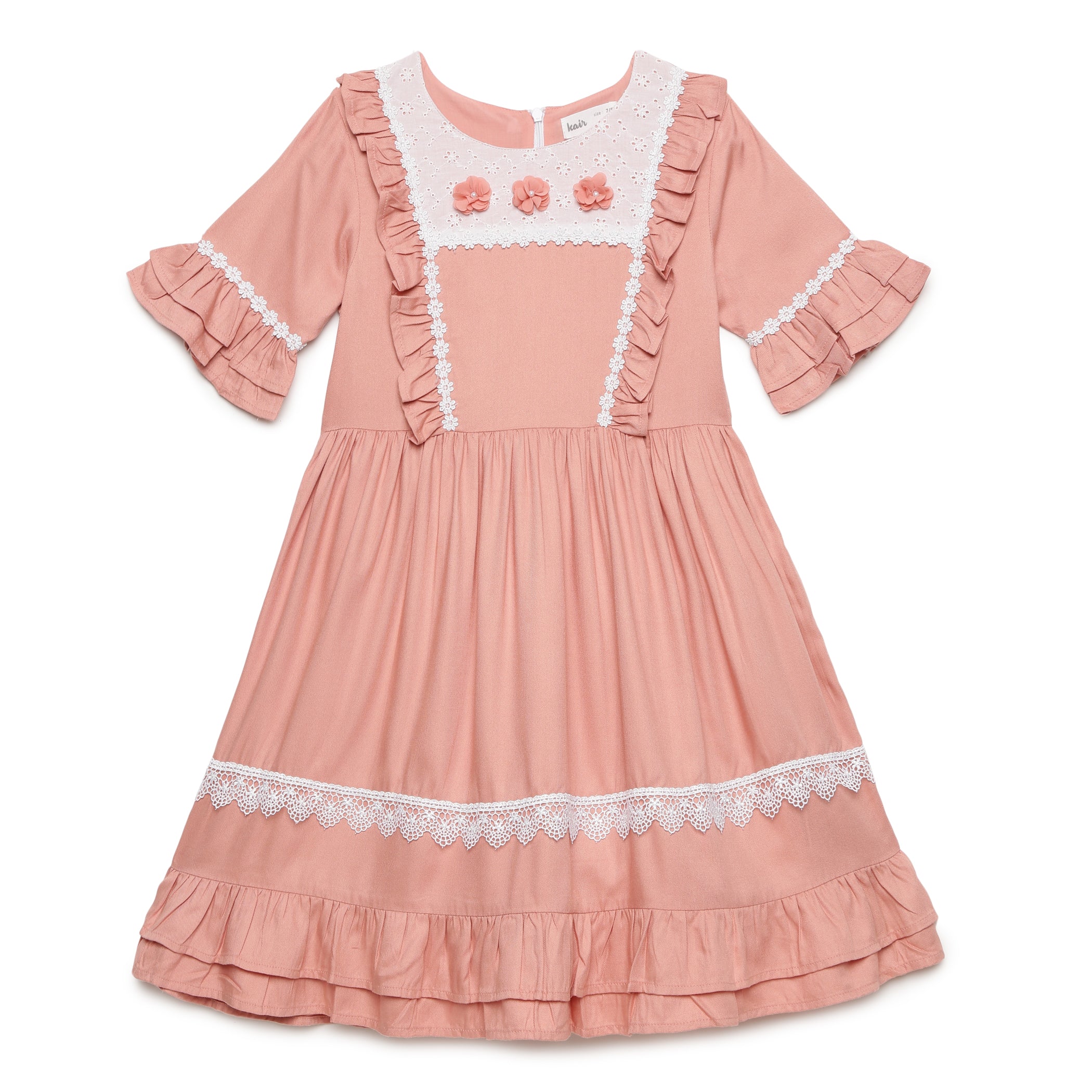 Kid Girls Decorative Laced Frill Layered Peach Dress