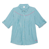 Kid Girls Striped Collar Neck Roll Up Sleeve Top